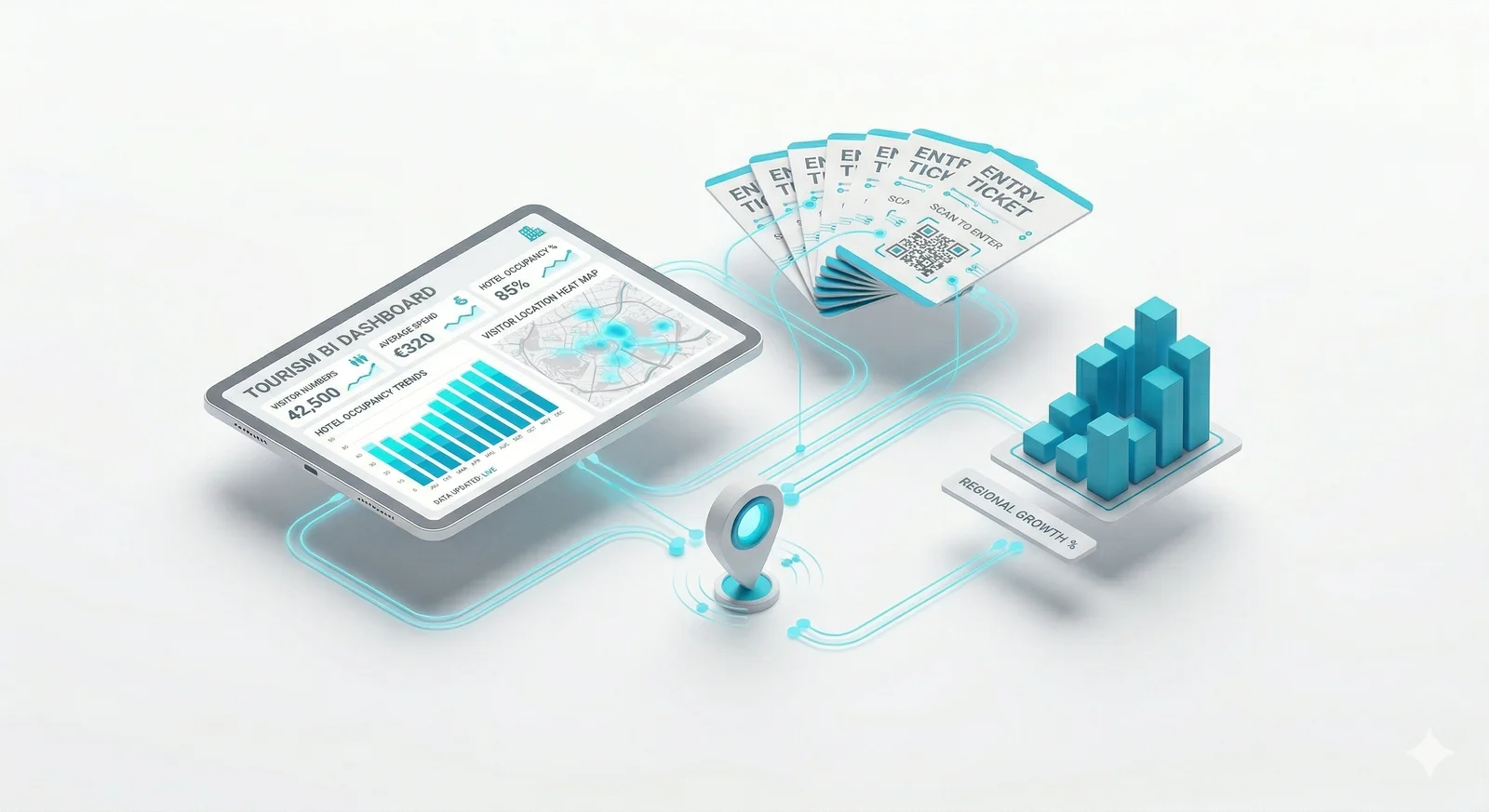 Tourism BI: timed-entry kiosk, digital ticket, visitor count display