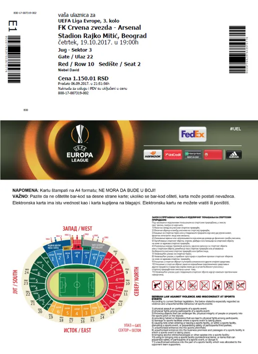 Sample ticket for FK Crvena Zvezda Europa League match